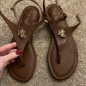 Ralph Lauren Brown Thong Sandals with Thin Straps and Flat Sole